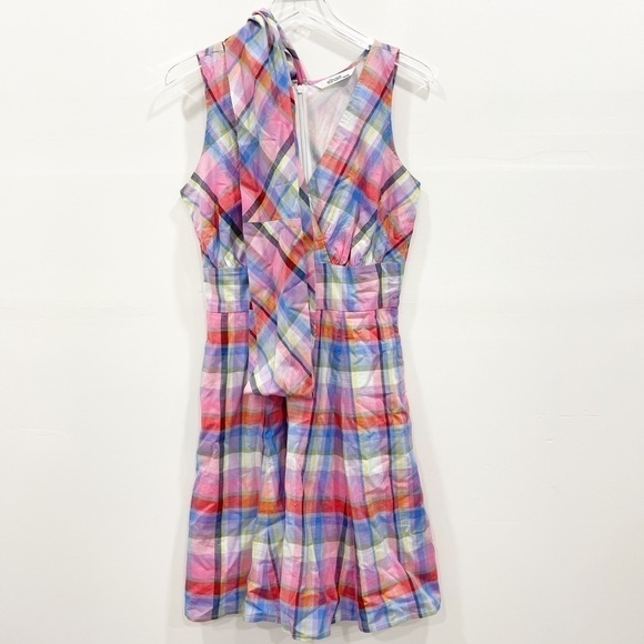 eShakti Cotton Voile Check Surplice Dress Multicolor Plaid Belted Pleated - Picture 4 of 9